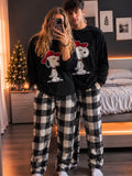 Pijama de pareja Snoopy Navidad - sudadera negra y pantalón a cuadros