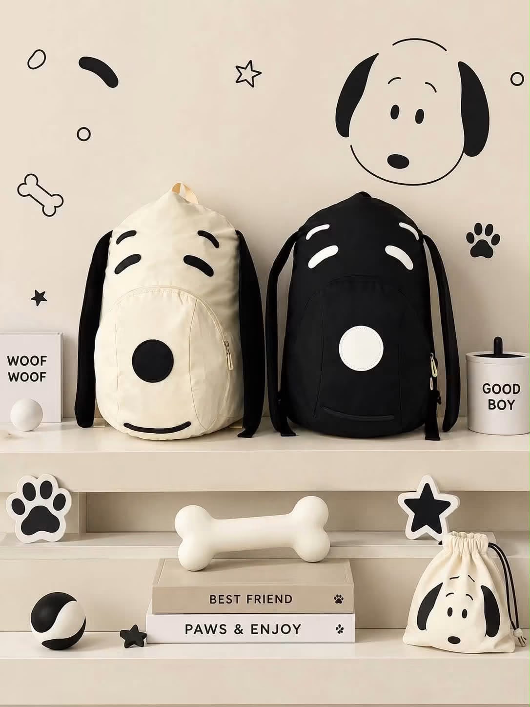 Mochila Snoopy Face en colores beige y negro
