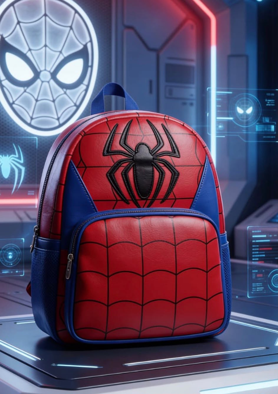 Mochila Spider-Man roja y azul con símbolo de araña en relieve