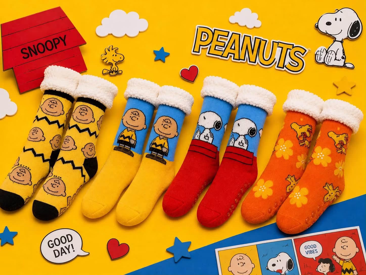 Calcetines Peanuts con diseños de Snoopy, Charlie Brown y Woodstock en colores amarillo, azul, rojo y naranja